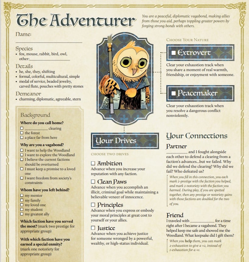 A screenshot of The Adventurer playbook in Root The RPG