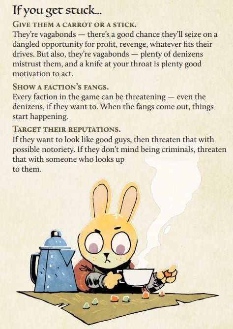 A collection of GM tips with a rabbit drinking coffee and looking at a table in concentration