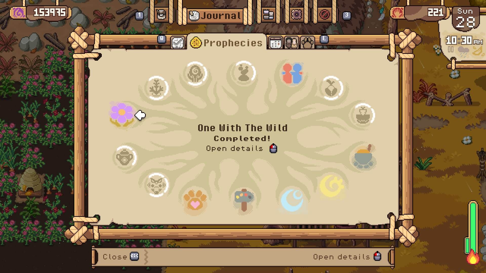 The prophecy menu in Roots of Pacha, highlighting the One With The Wild prophecy.