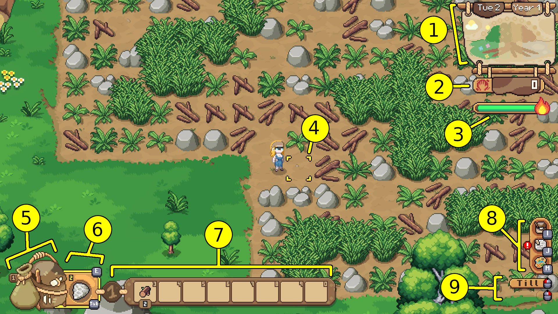 Roots of Pacha Starter Guide - HUD Explanation Player Character Standing in a Field with Numbers Explaining the UI
