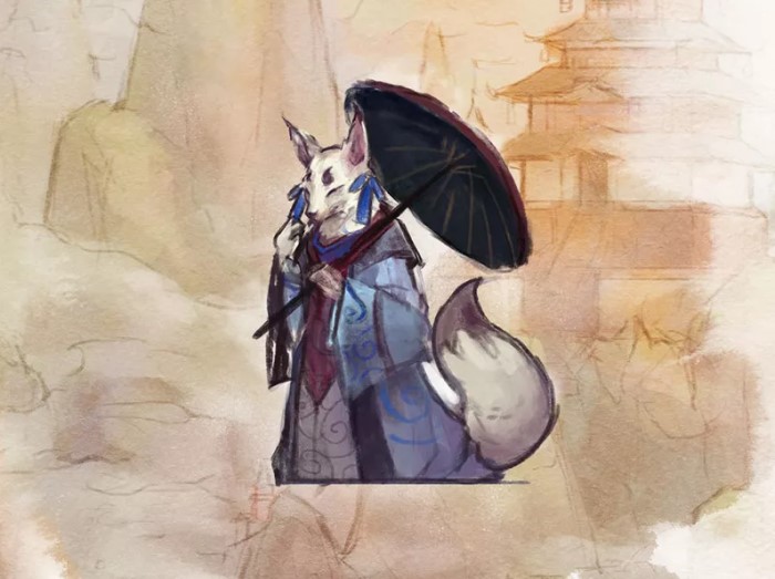 Artwork of a fox creature featured for the board game, Ryozen