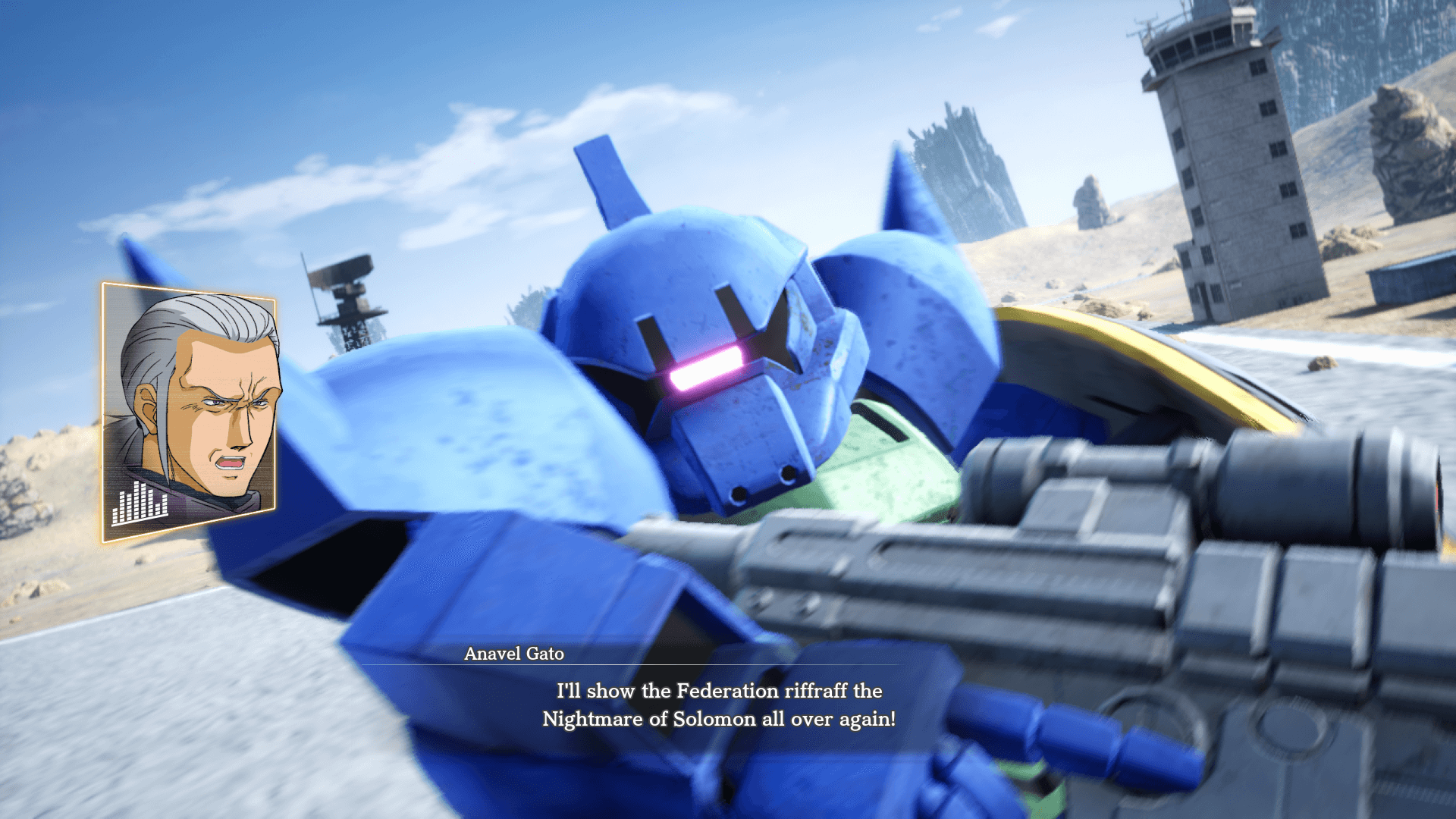 A cutscene of SD Gundam Battle Alliance, showcasing Lieutenant Ramba Ral about to engage in battle. 