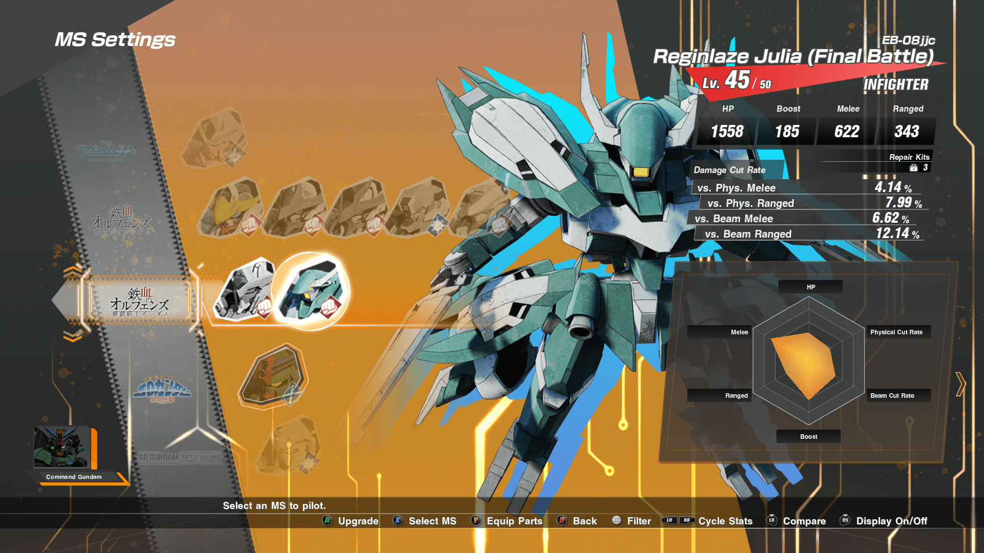 An in-game screenshot of SD Gundam Battle Alliance's menus, showcasing the stat screen on one Mobile Suit.
