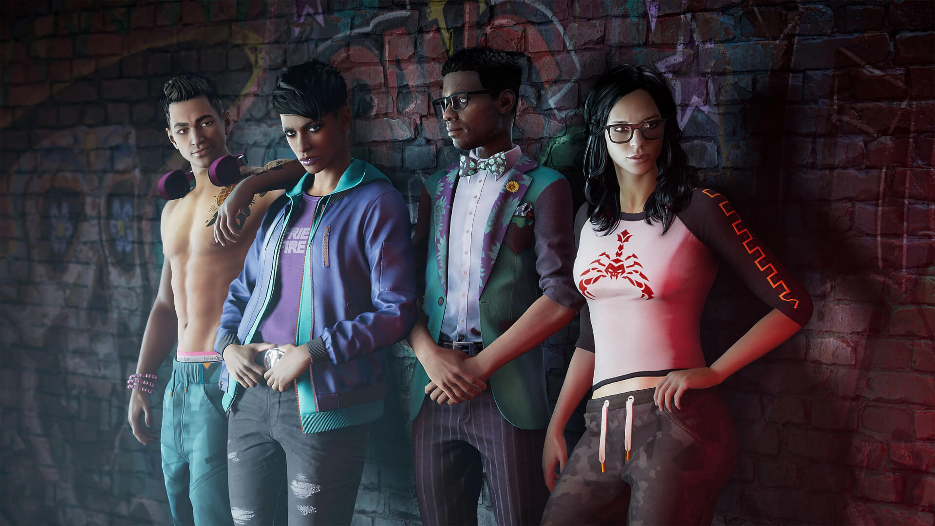 Four characters standing side-by-side against a brick wall in Saints Row