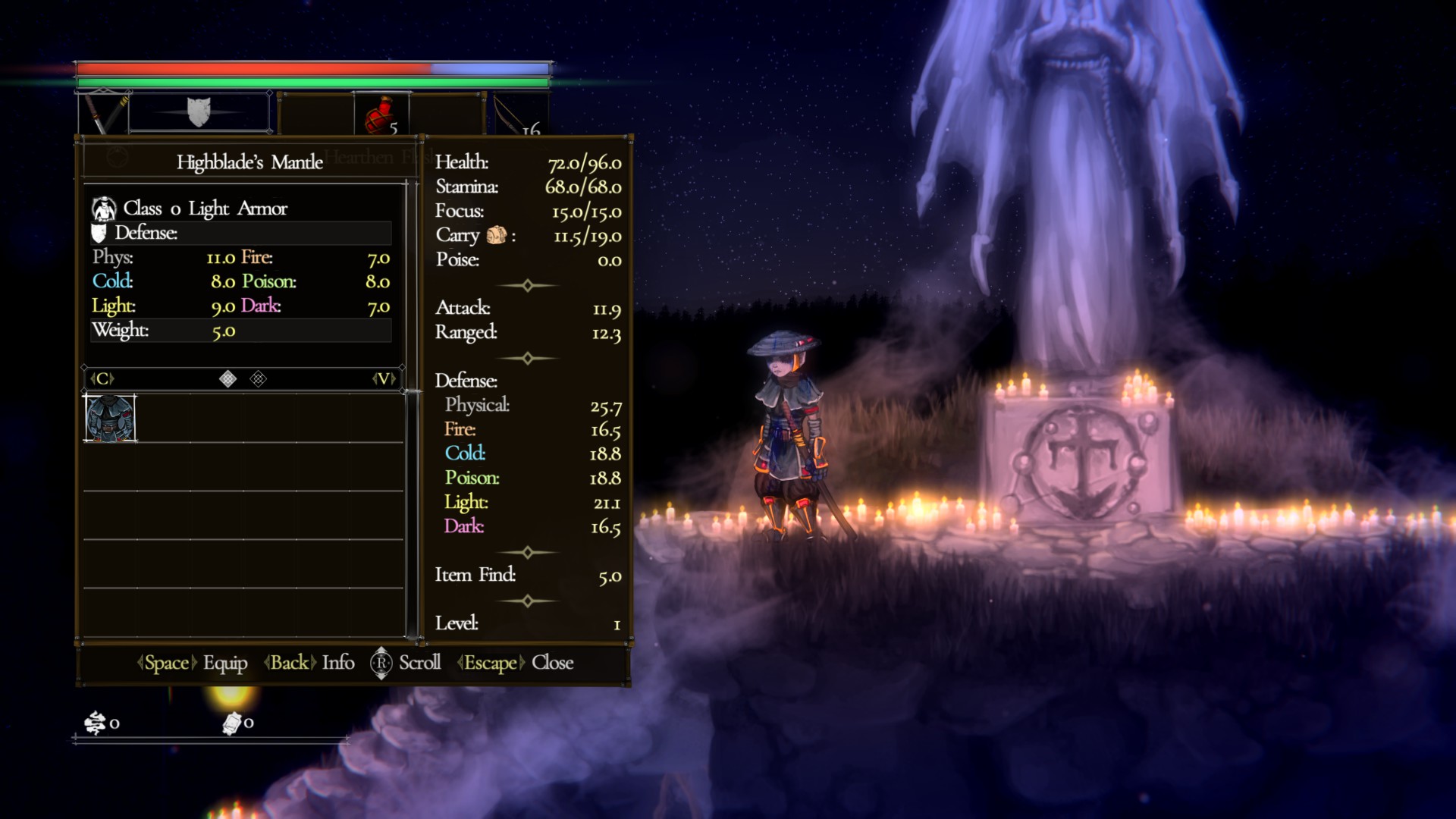 Salt and Sacrifice screenshot featuring Highblade armor set