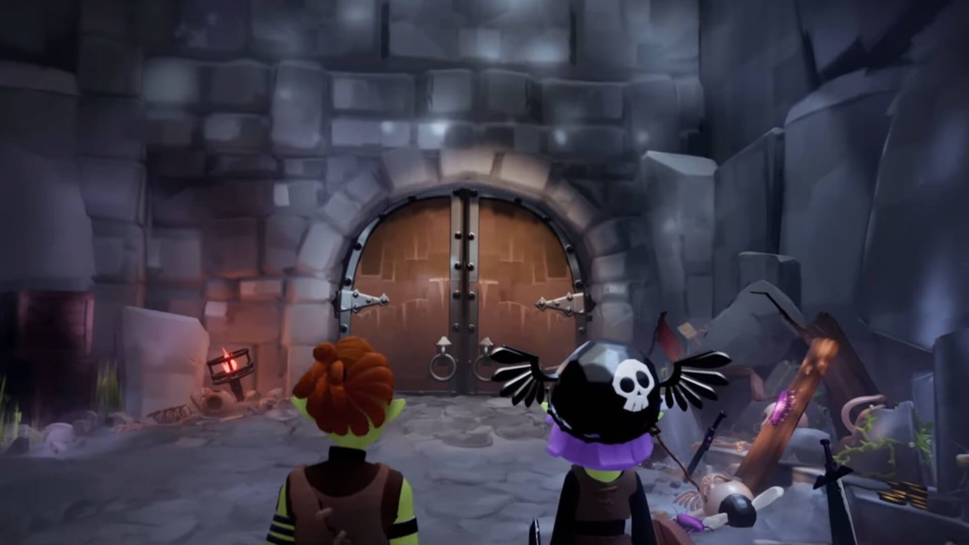 Scoria and Gabbro facing down a dungeon entrance in the Made In Dreams project Ancient Dangers: A Bat's Tale