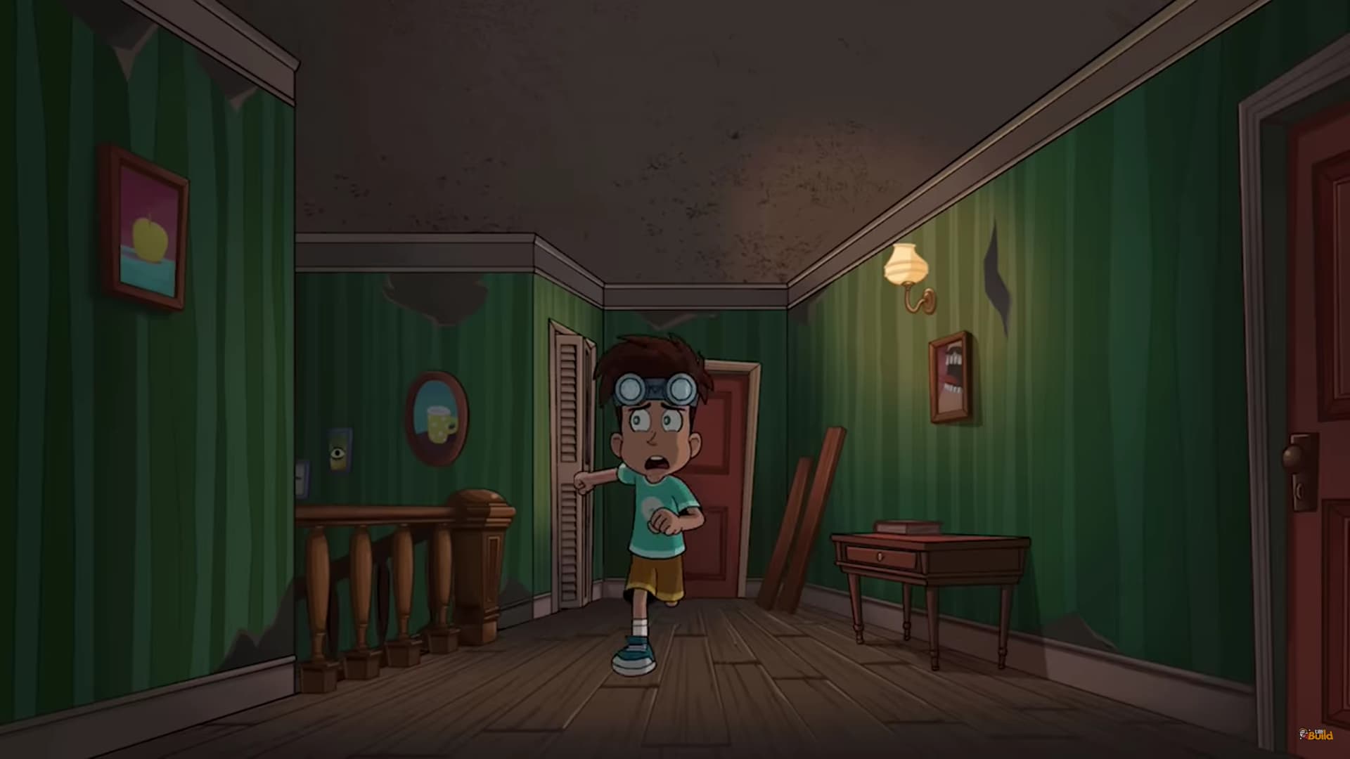 Ana karakterin birinden kaçtığını gördüğümüz Merhaba Komşu Animasyon Dizisinden ekran görüntüsü  
