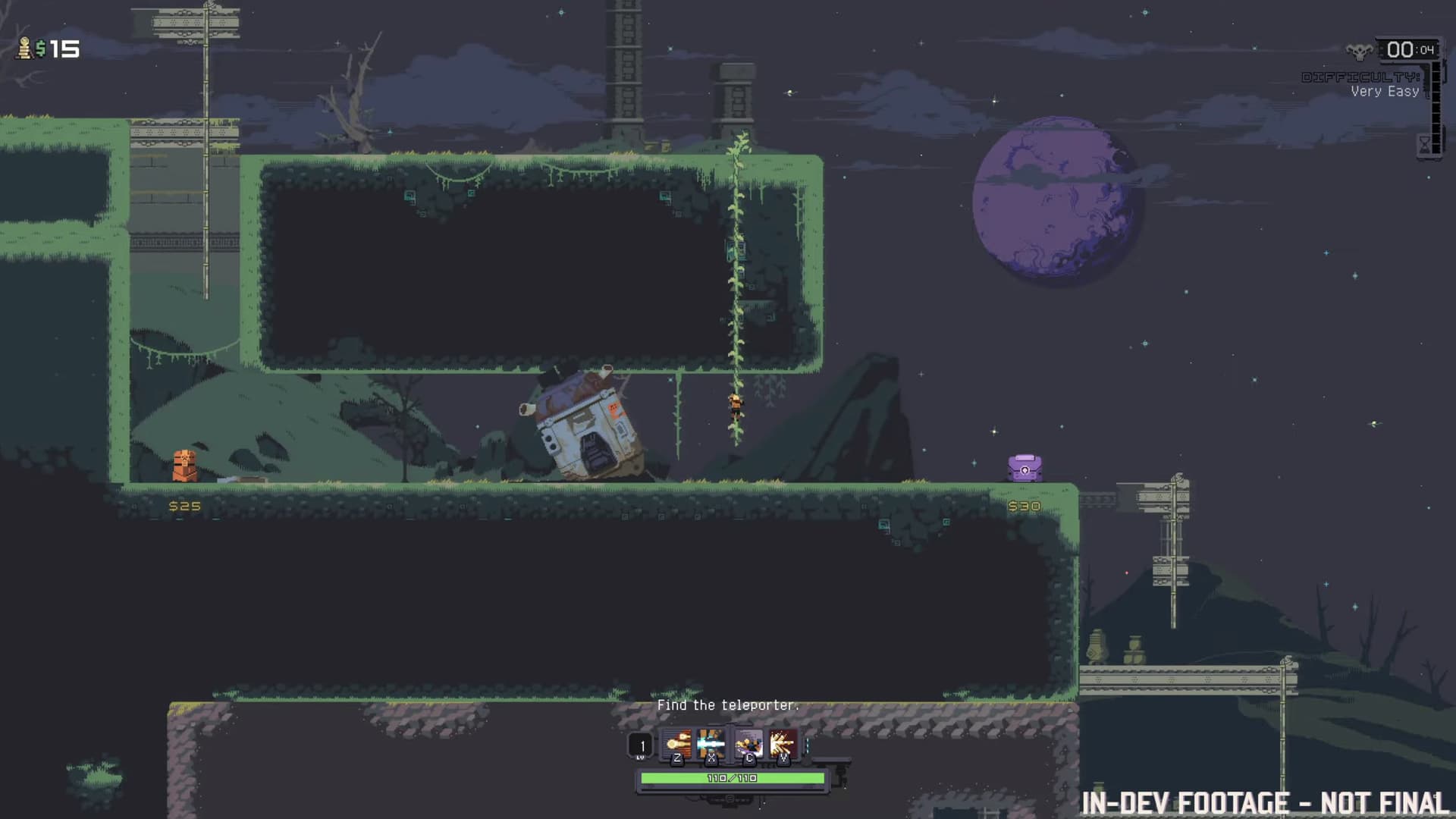 Screenshot from the trailer of Risk of Rain Returns, where we see the player on a ledge surrounded by foliage 