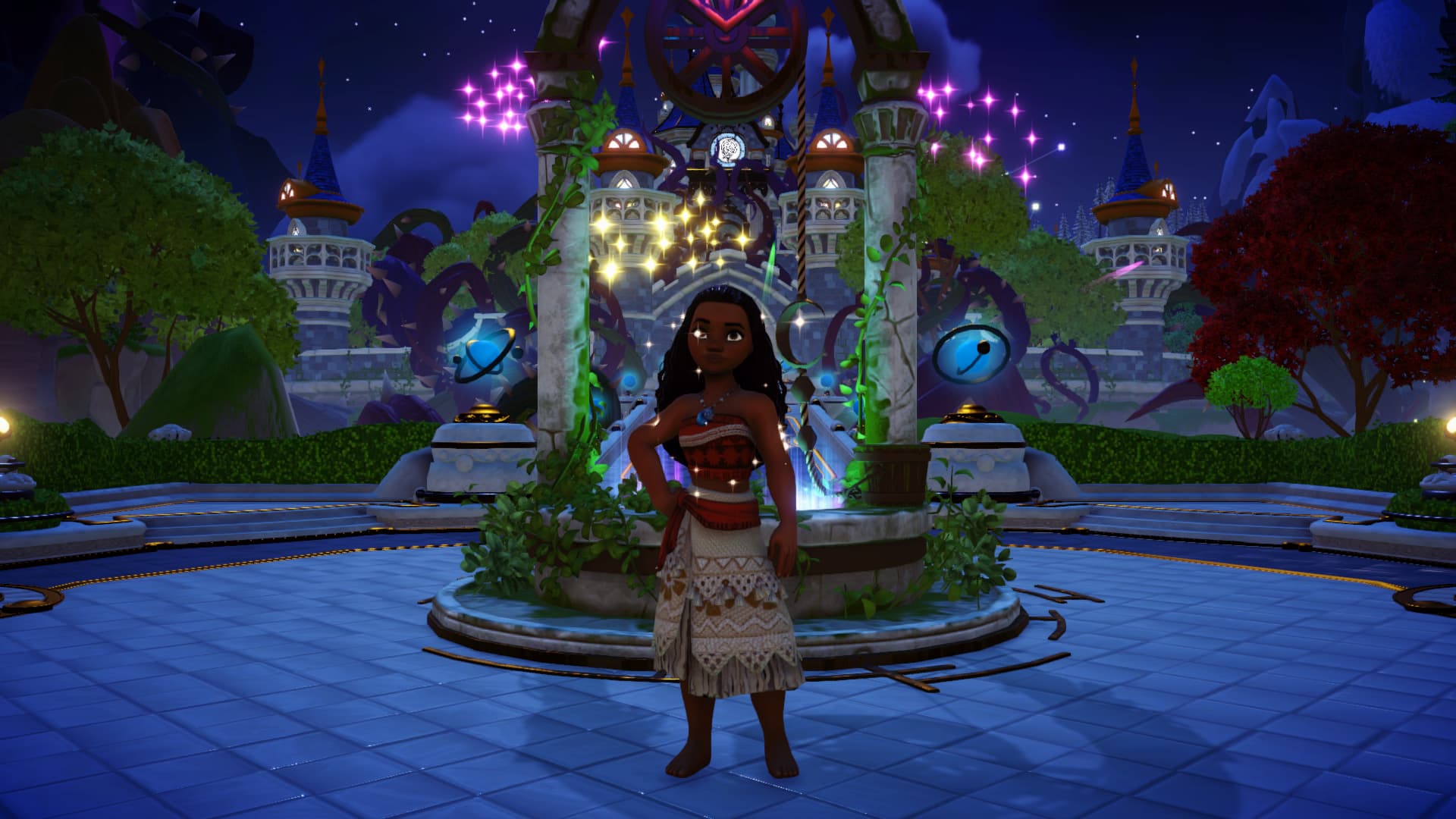 Image of Moana in Disney Dreamlight Valley as she enters the valley for the first time past the Plaza's Magic Well