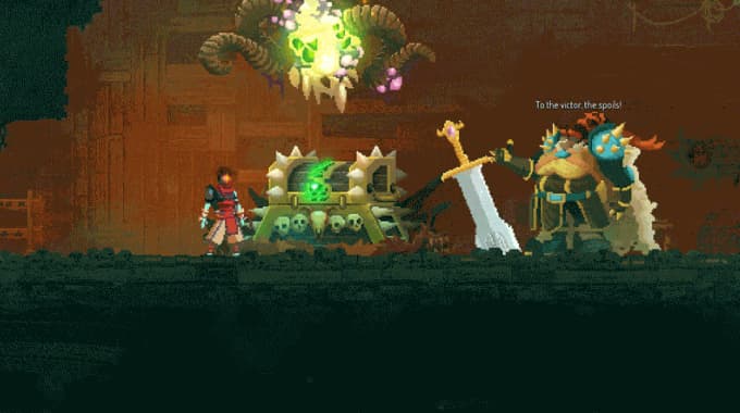 Dead Cells Gameplay Screenshot, where we see the main character standing before a giant boss with a very large sword flailing about, Dead Cells Boss Rush update