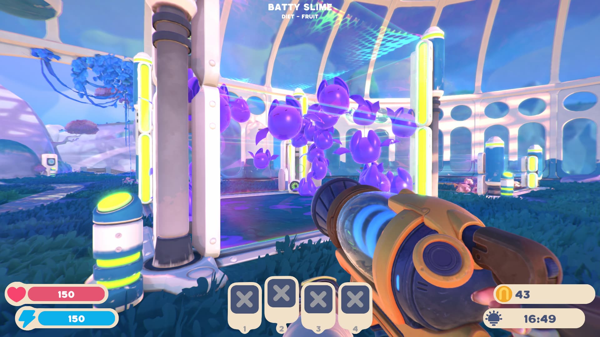 Screenshot in Slime Rancher 2 of several Batty Slimes inside of a corral slying around 