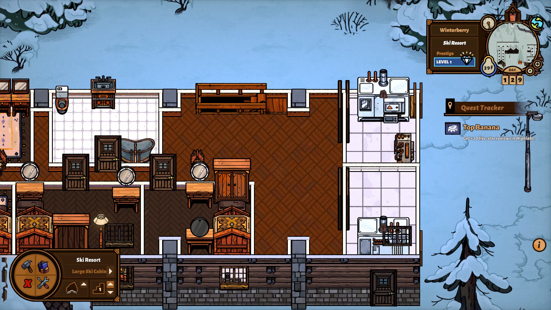 Screenshot of Winterberry, showing off the heaters needed, how each resort works in Bear and Breakfast