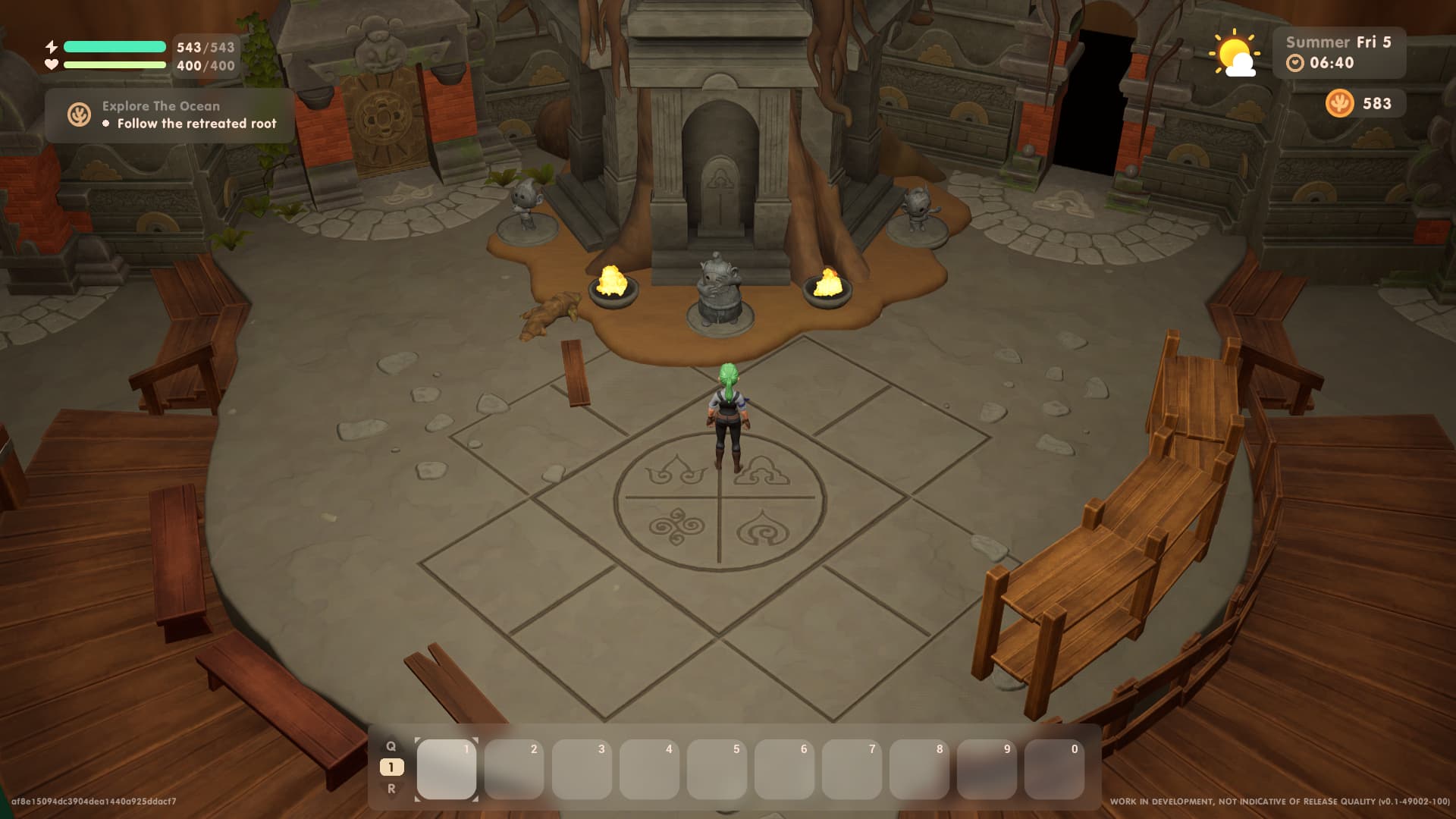 Screenshot of player standing before the entrance of the mine shafts in Coral Island, where you can see stone statues of animals as well as the different doors that lead to the different mines available 
