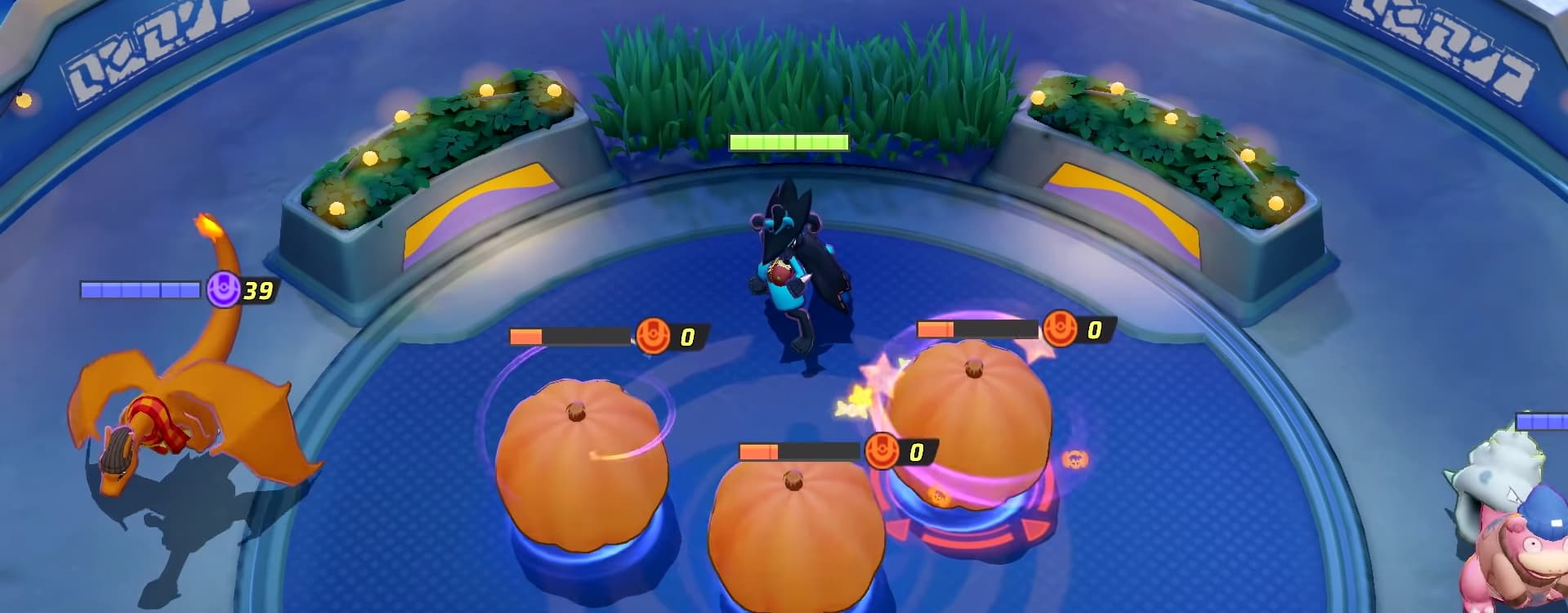 Screenshot from Pokemon Unite's Halloween Festival, where we see Charizard and 3 pumpkins line up in the center of the arena 