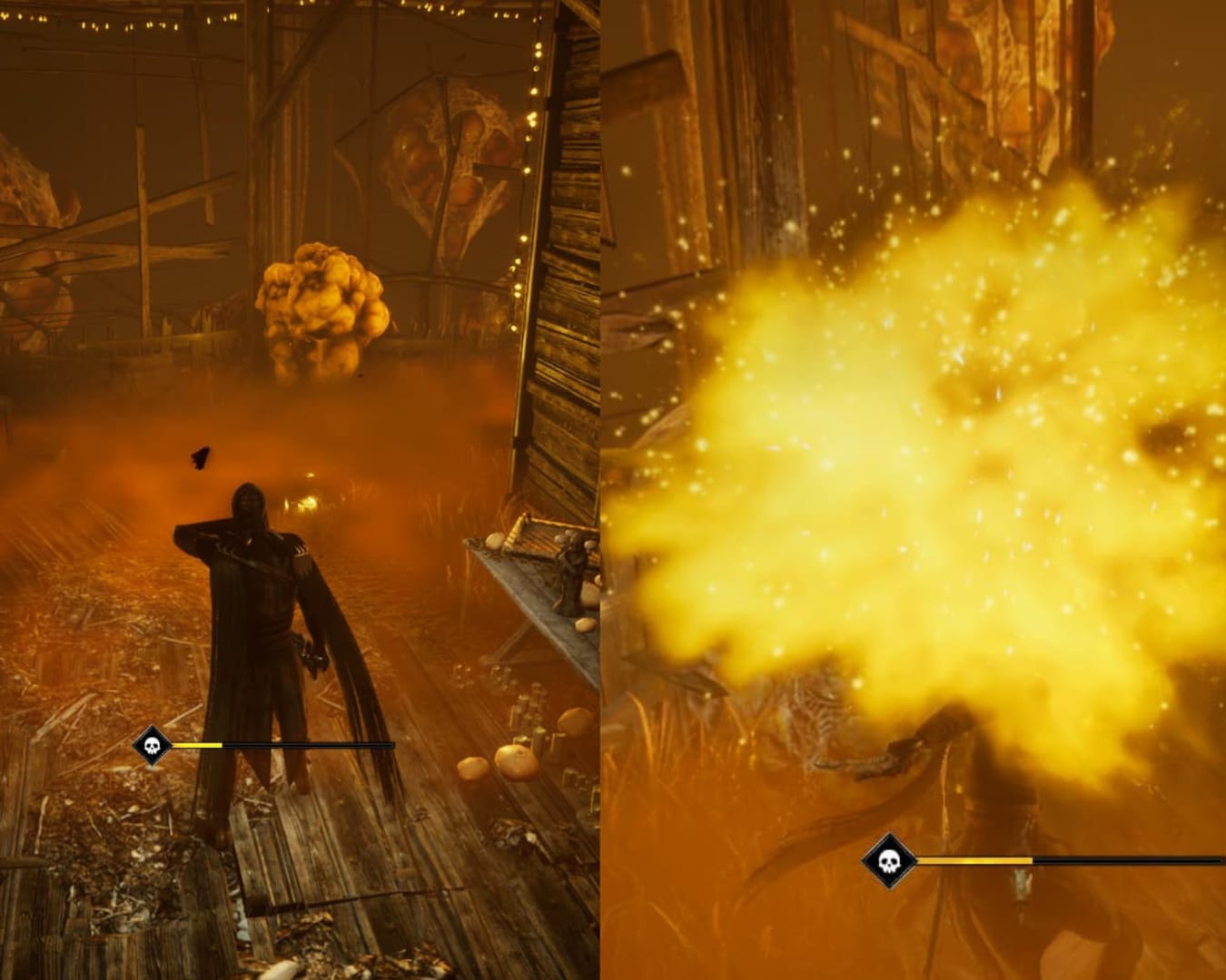 Screenshot of both the toxic smoke and defeating the toxic sac in Thymesia, How to prepare for the first boss in Thymesia 