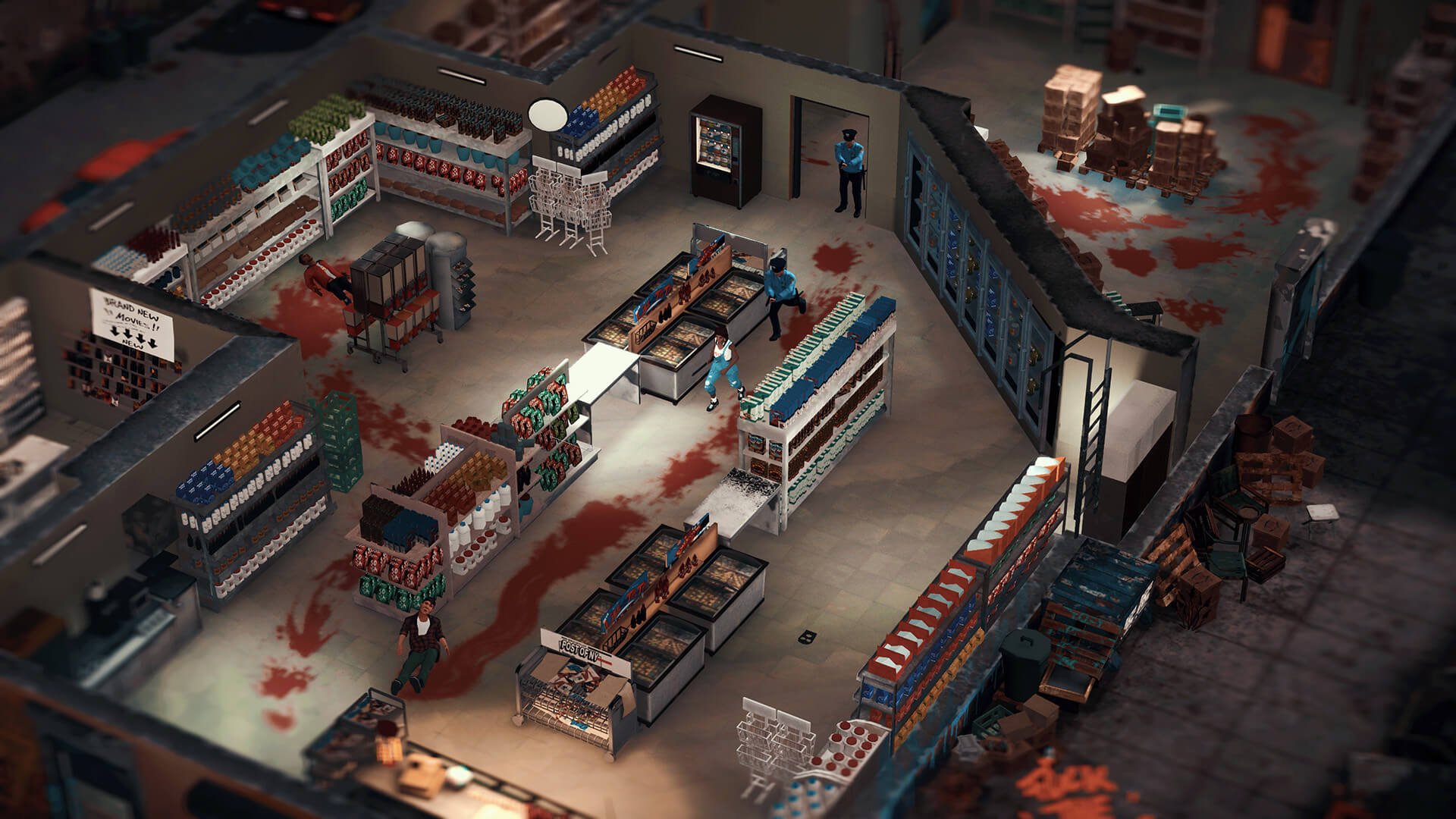 A gameplay screenshot of Serial Cleaners, showcasing the character Lati running away from police officers inside a bloody convenience store.