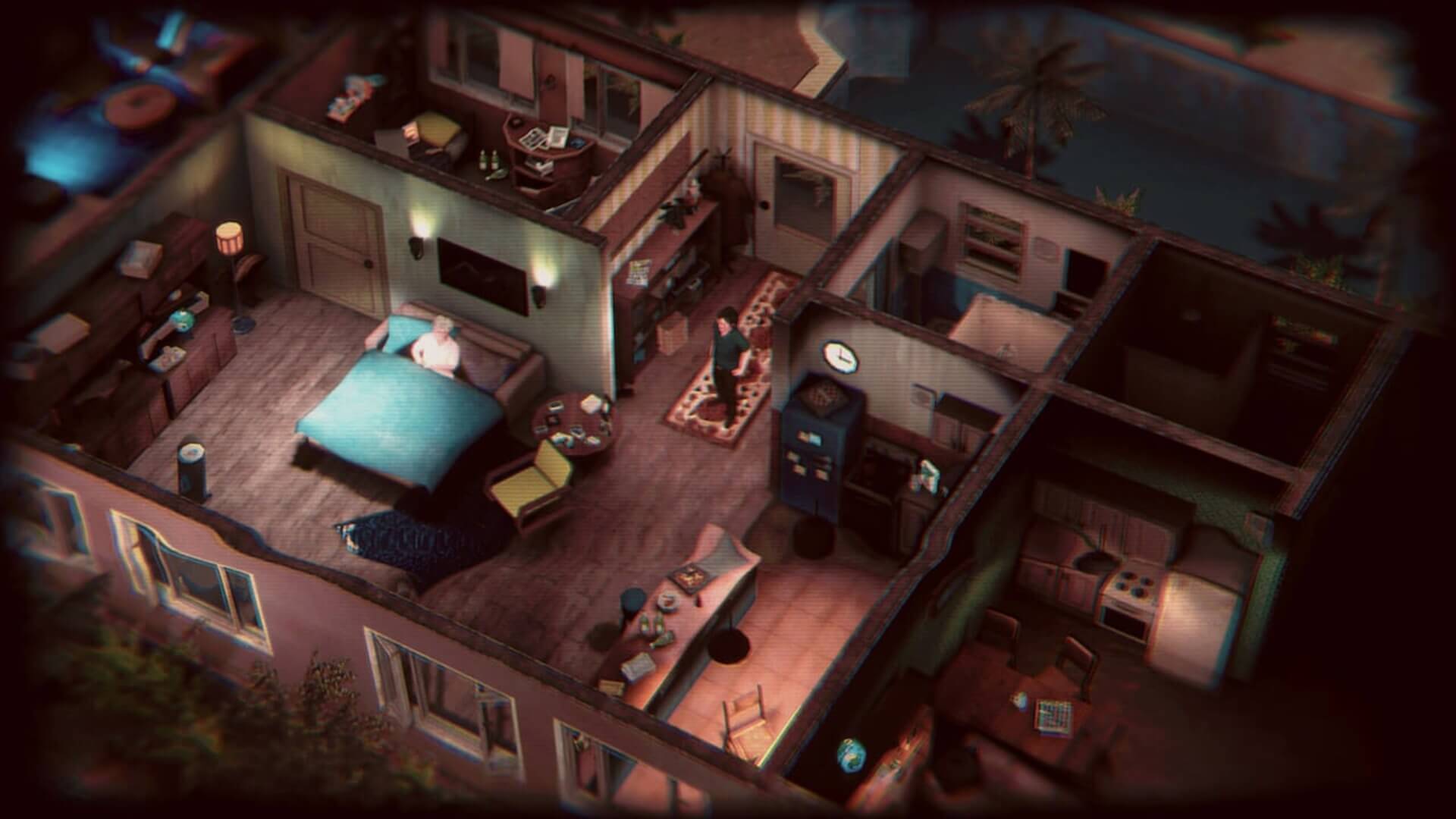 A cutscene of Serial Cleaners, involving Bob standing inside his mother's house.