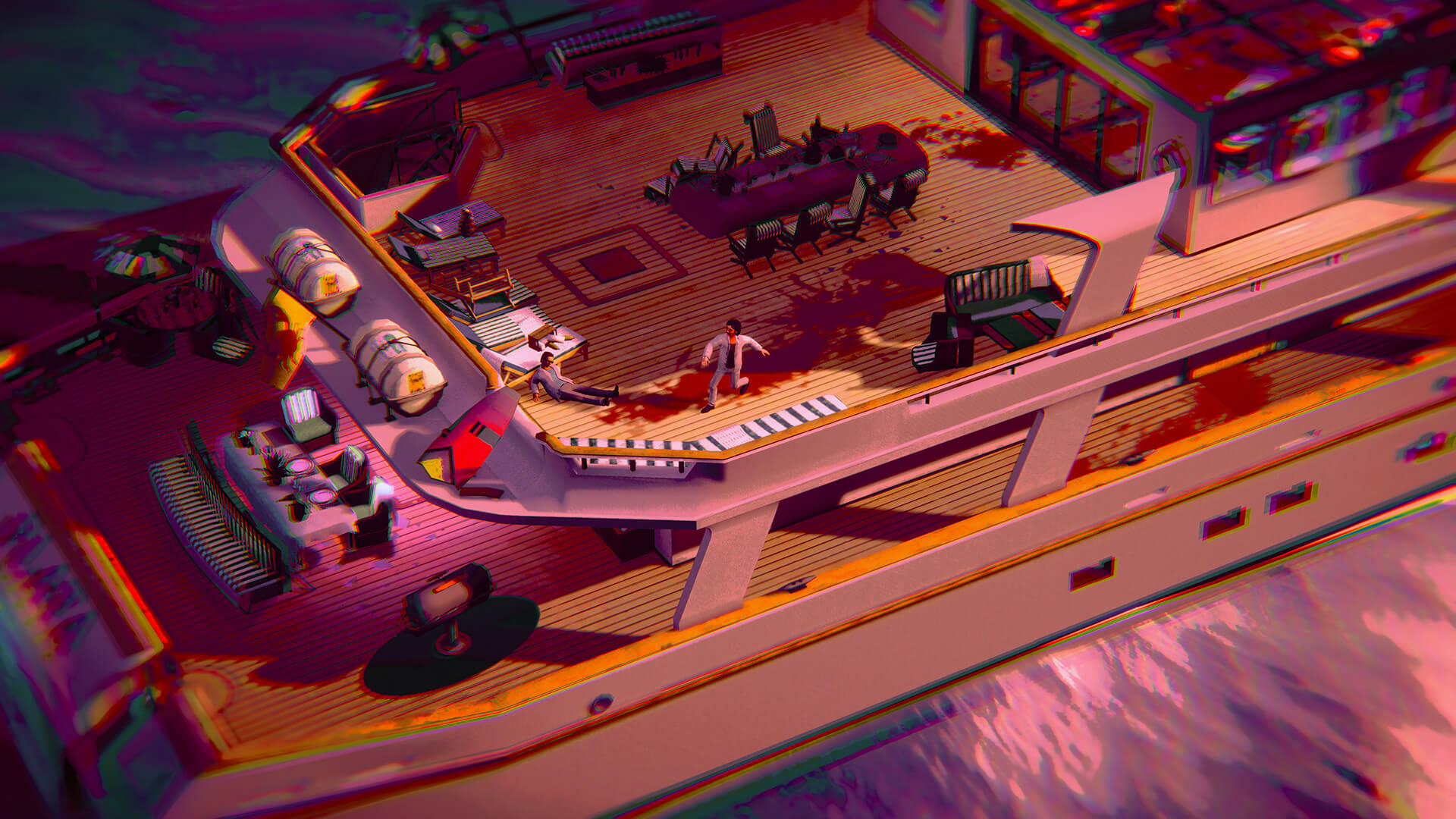 A gameplay screenshot of Serial Cleaners, showcasing a suited bob running across the deck of a yacht while cleaning up a crime scene.
