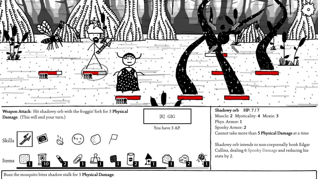  A battle between the player and shadowy tentacles form Shadows Over Loathing
