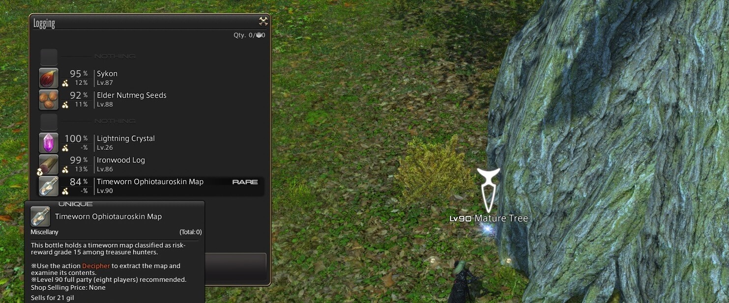 Character gathering from a tree in Elpis, with a Timeworn Ophiotauroskin Map highlighted in the gathering menu.