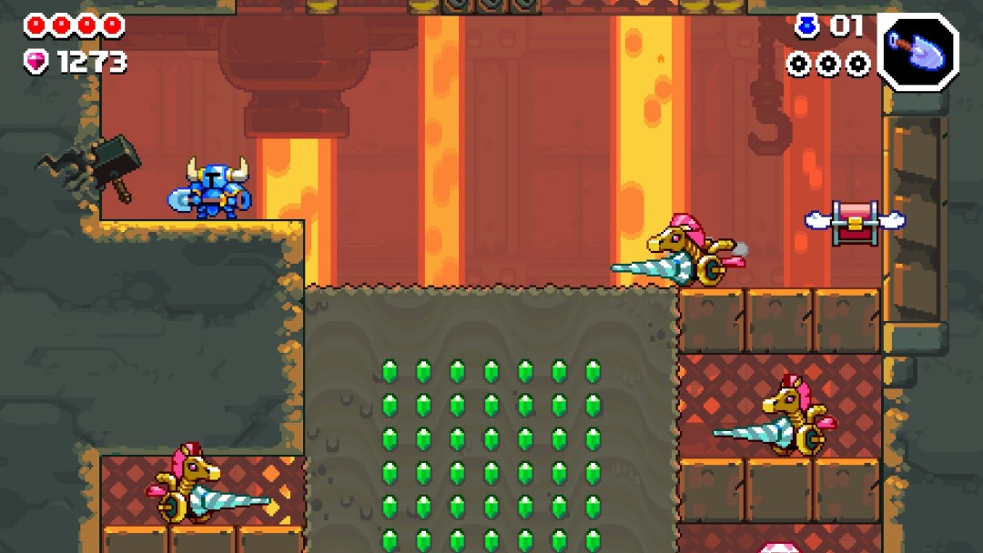 A screenshot from Shovel Knight Dig featuring a hammer in a wall