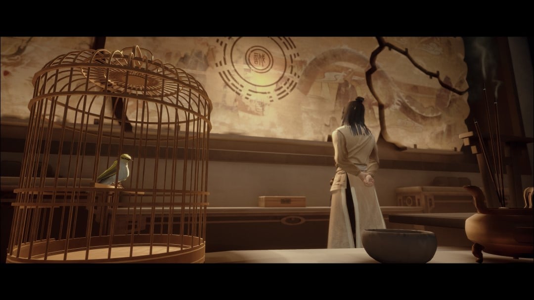 The boss of Sifu, Yang, facing a poster with a bird in a cage in the foreground