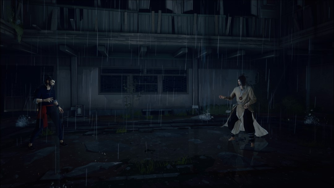 The hero of Sifu, fighting Yang in a courtyard as it rains
