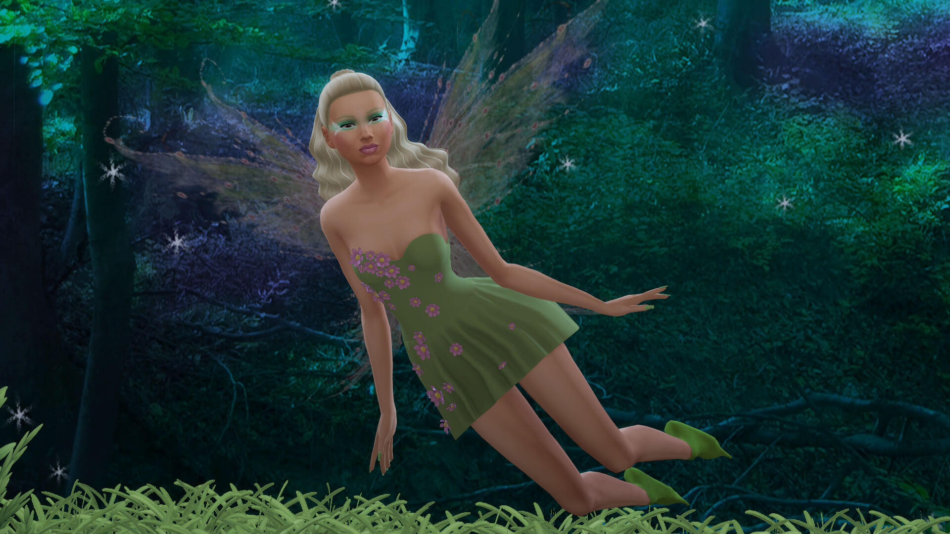 A Sim in some of the fairy content from the Arcane Illusions pack for The Sims 4.