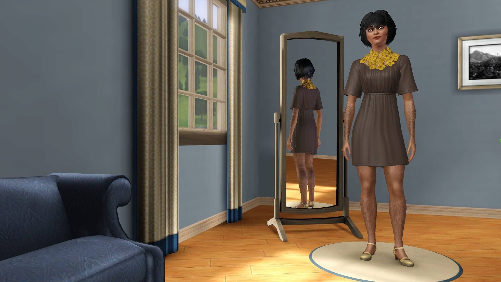 A female werewolf Sim stands in The Sims 3 Create-A-Sim room