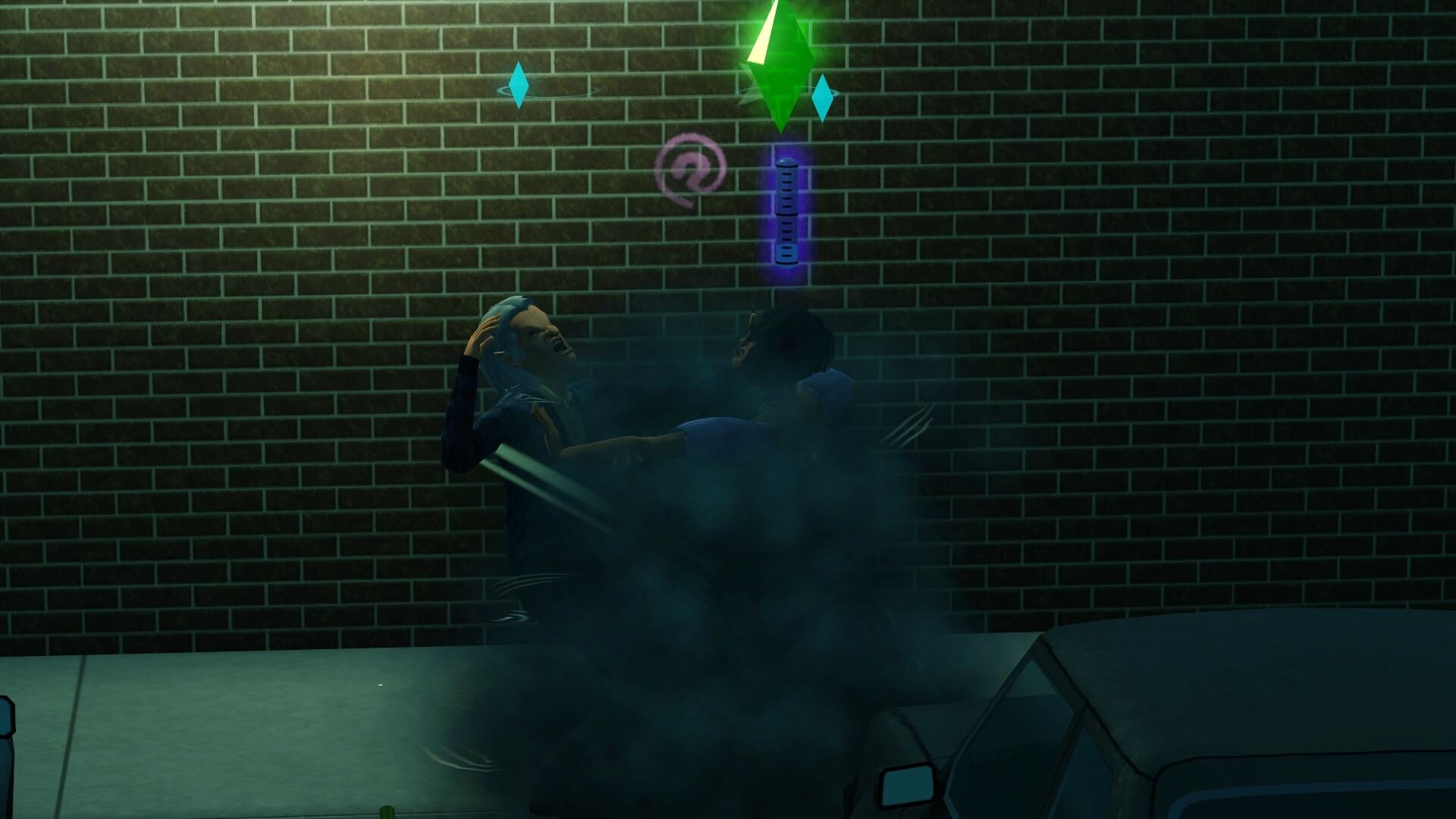 Two Sims 3 werewolves practicing their fighting skills.