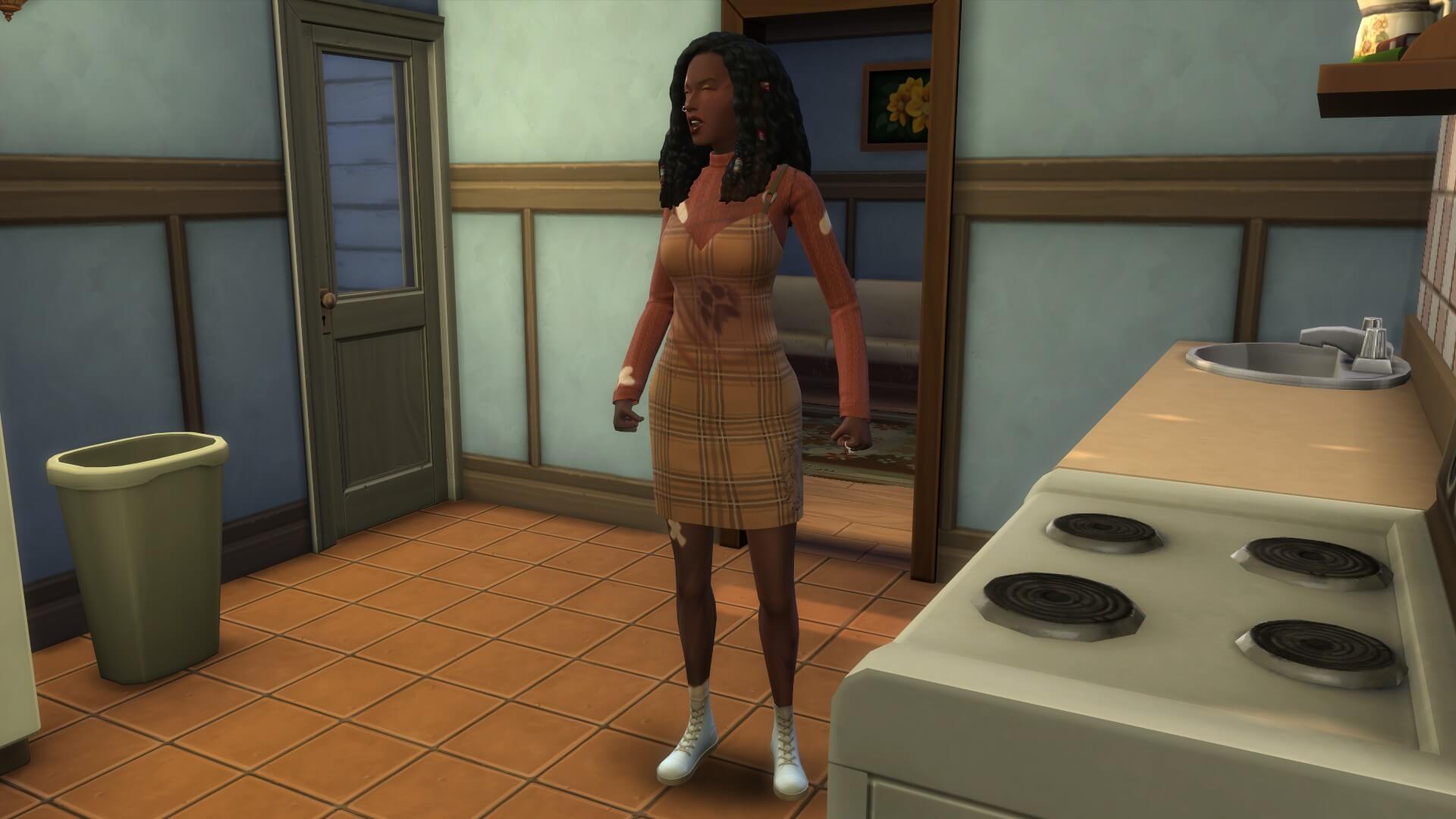 A Sim stands in the kitchen, noticeably beat up from a werewolf brawl.