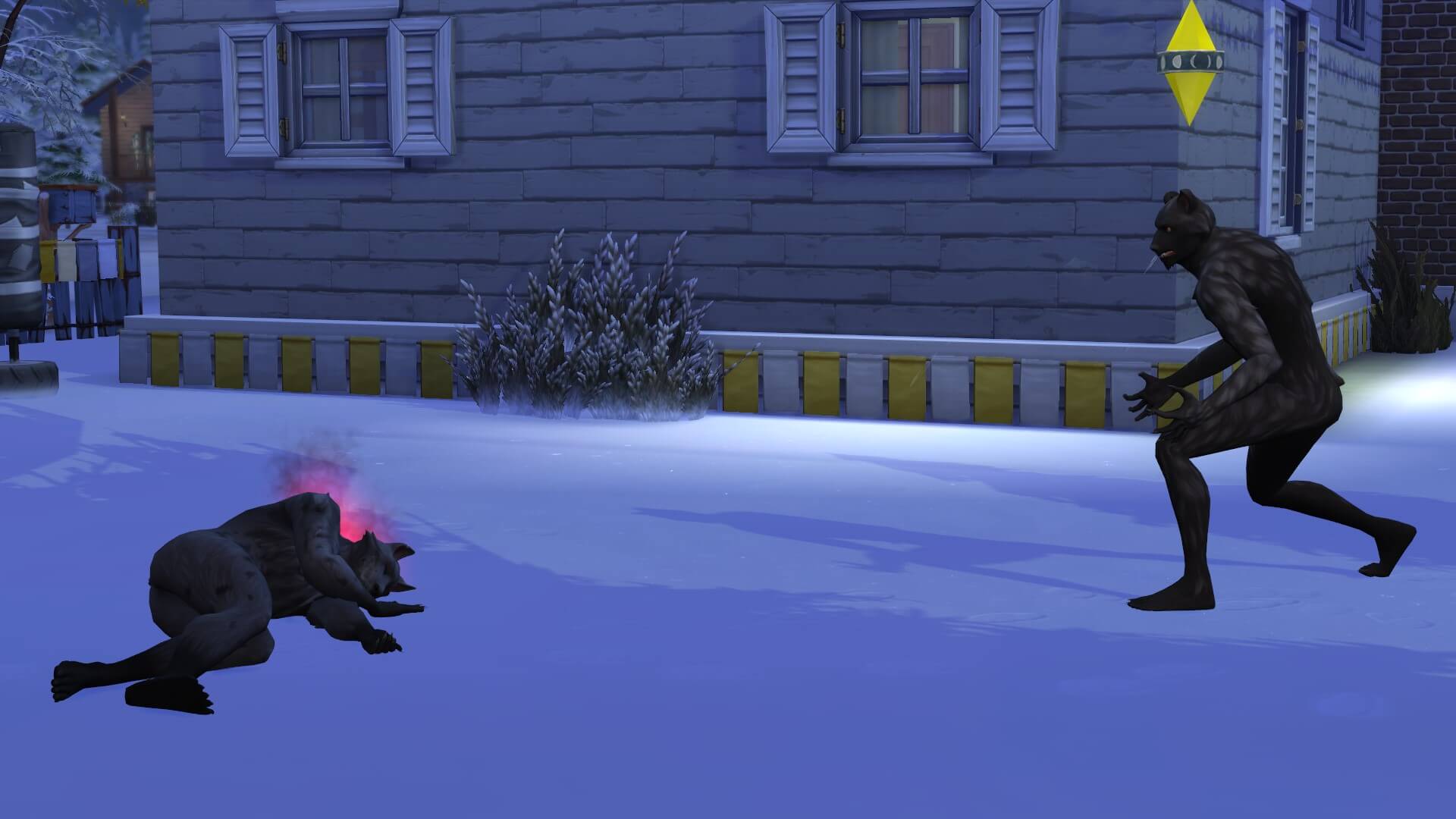Greg the werewolf lays on the ground in defeat, a Sim triumphant above him.