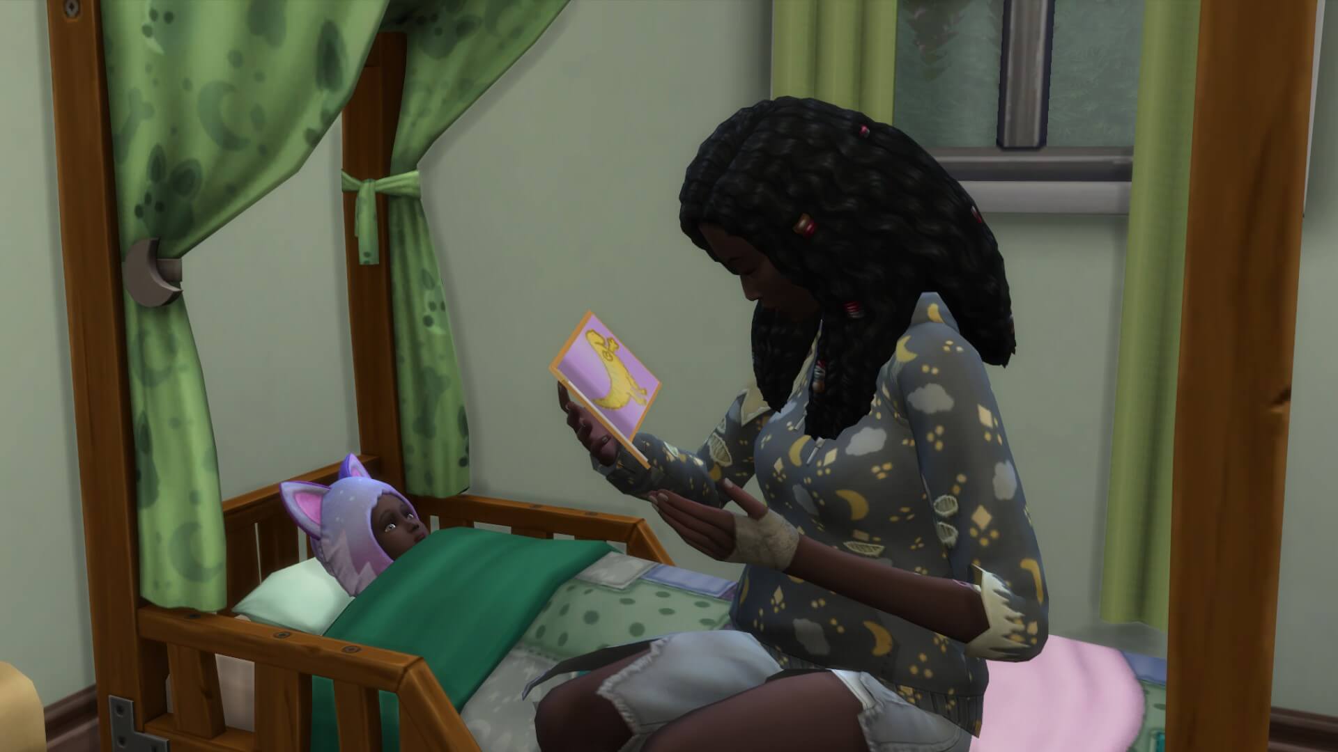 A Sim reads to their toddler in bed.