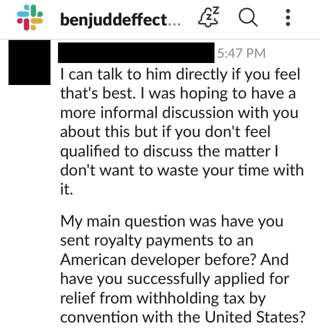 Slack message to Ben Judd re: withholding tax