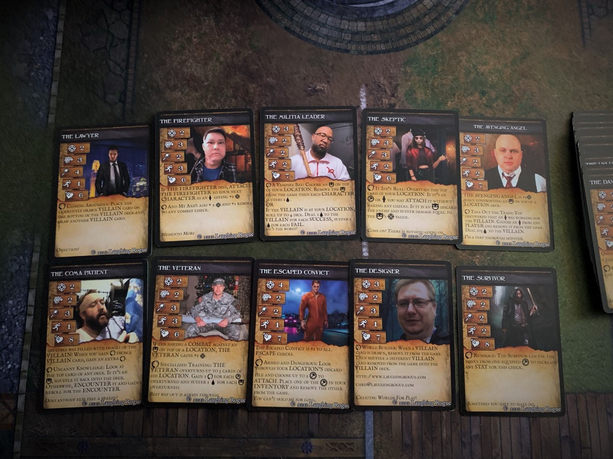 Multiple Character Cards from the game, including its own designer, are displayed