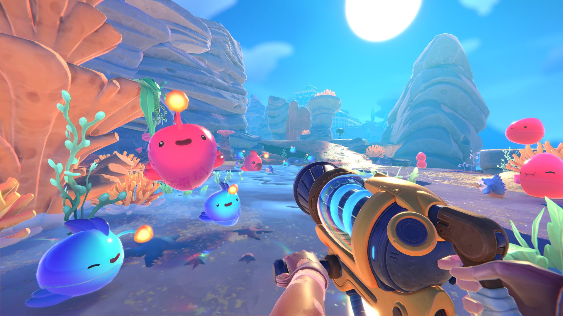 Slime Rancher 2 sales screenshot showing a first-person perspective of a gun and a bunch of slimes looking at the player.