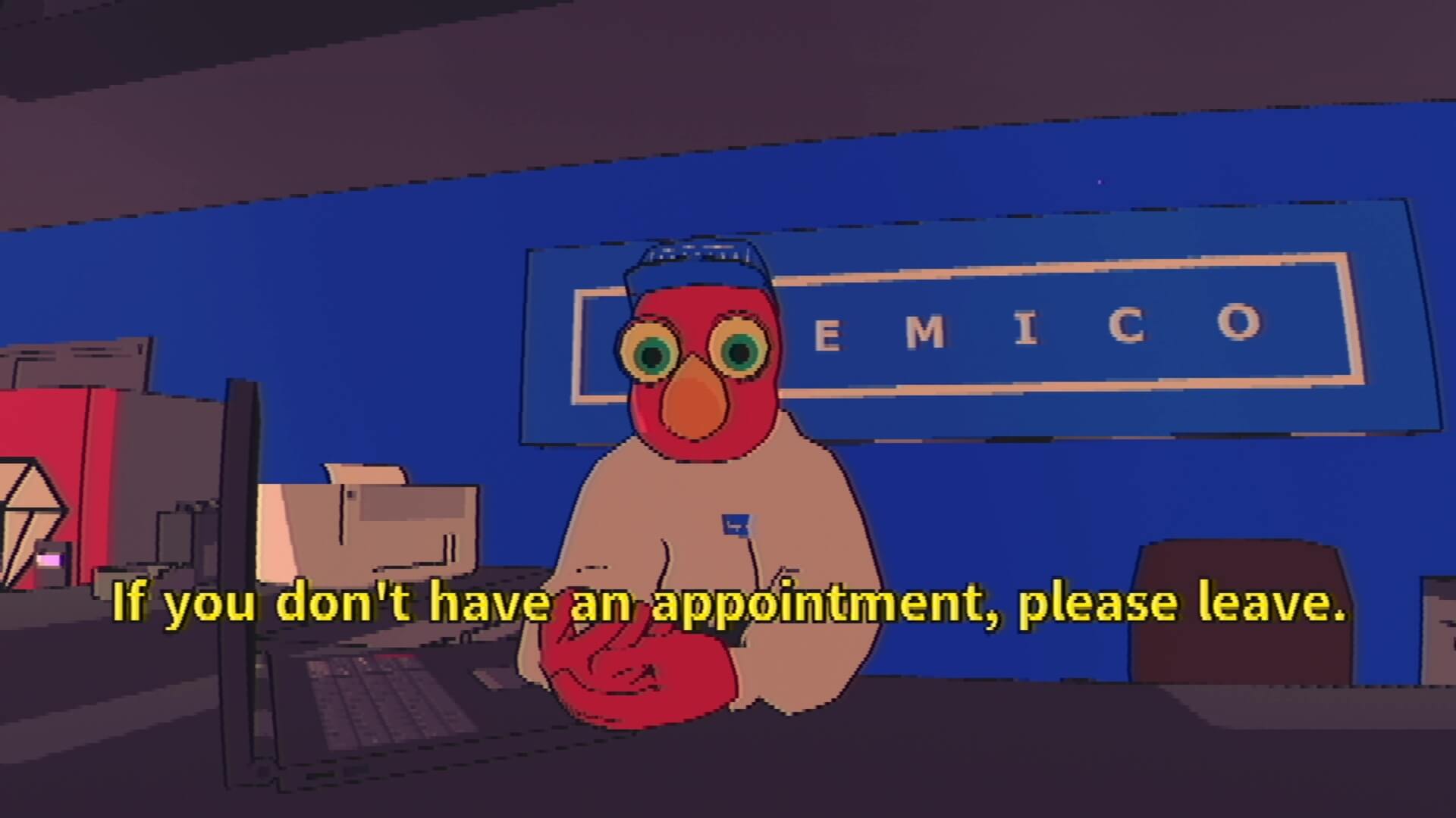 A bird receptionist asking the player to leave if they don't have an appointment in Sludge Life 2