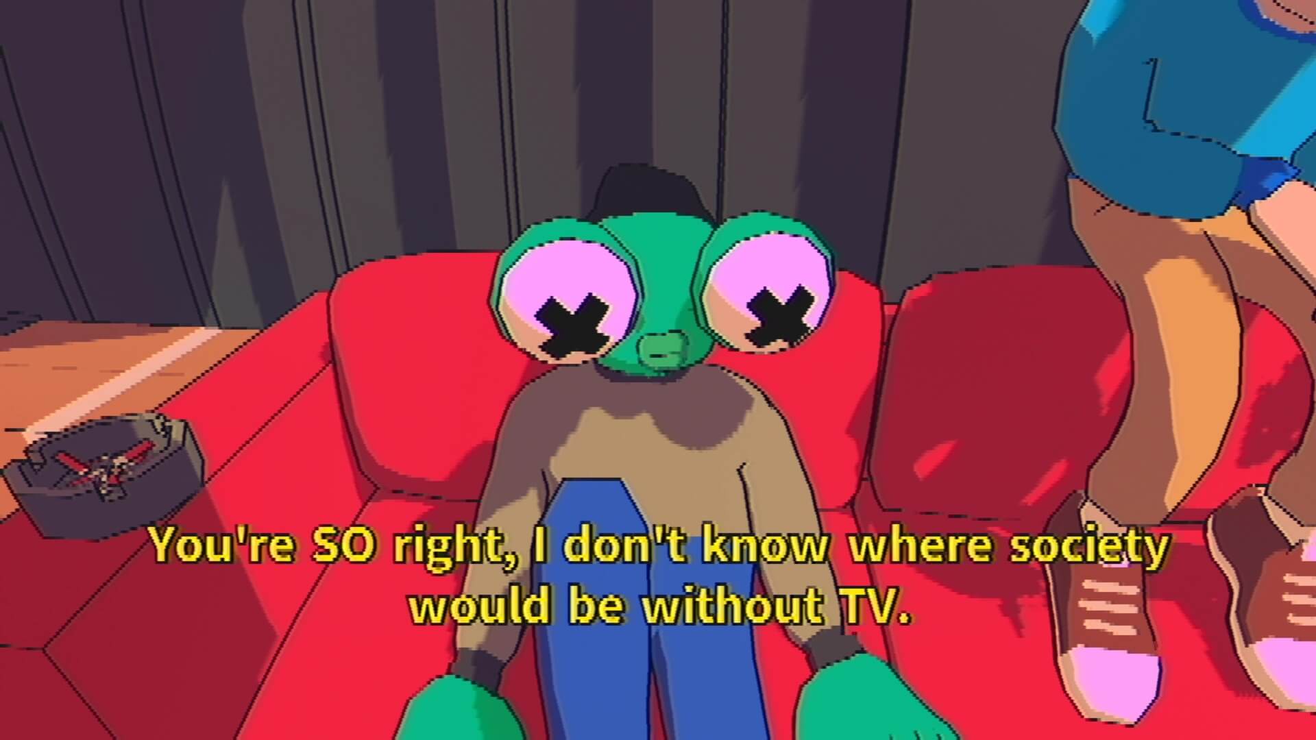 An insect character saying "you're so right, I don't know where society would be without TV" in Sludge Life 2