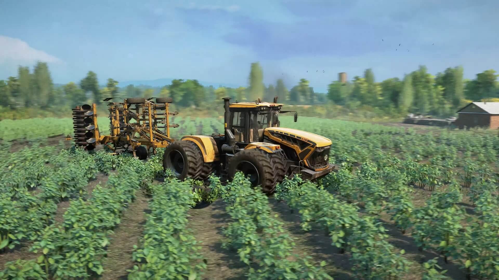 SnowRunner Season 8 screenshot showing off the farming life with a tractor and lots of produce.