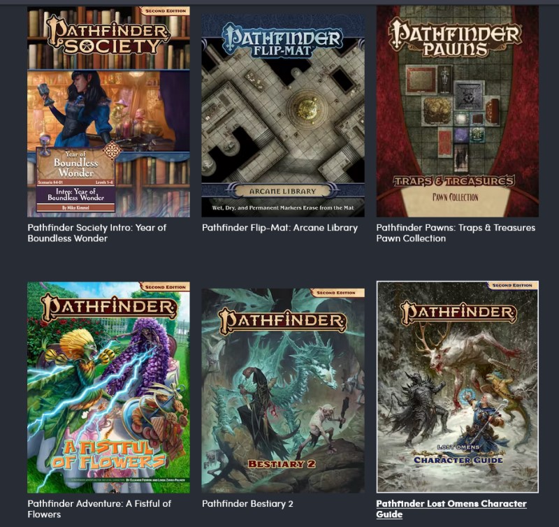 A screenshot of several books presented in the So You Wanna Try Out Pathfinder bundle