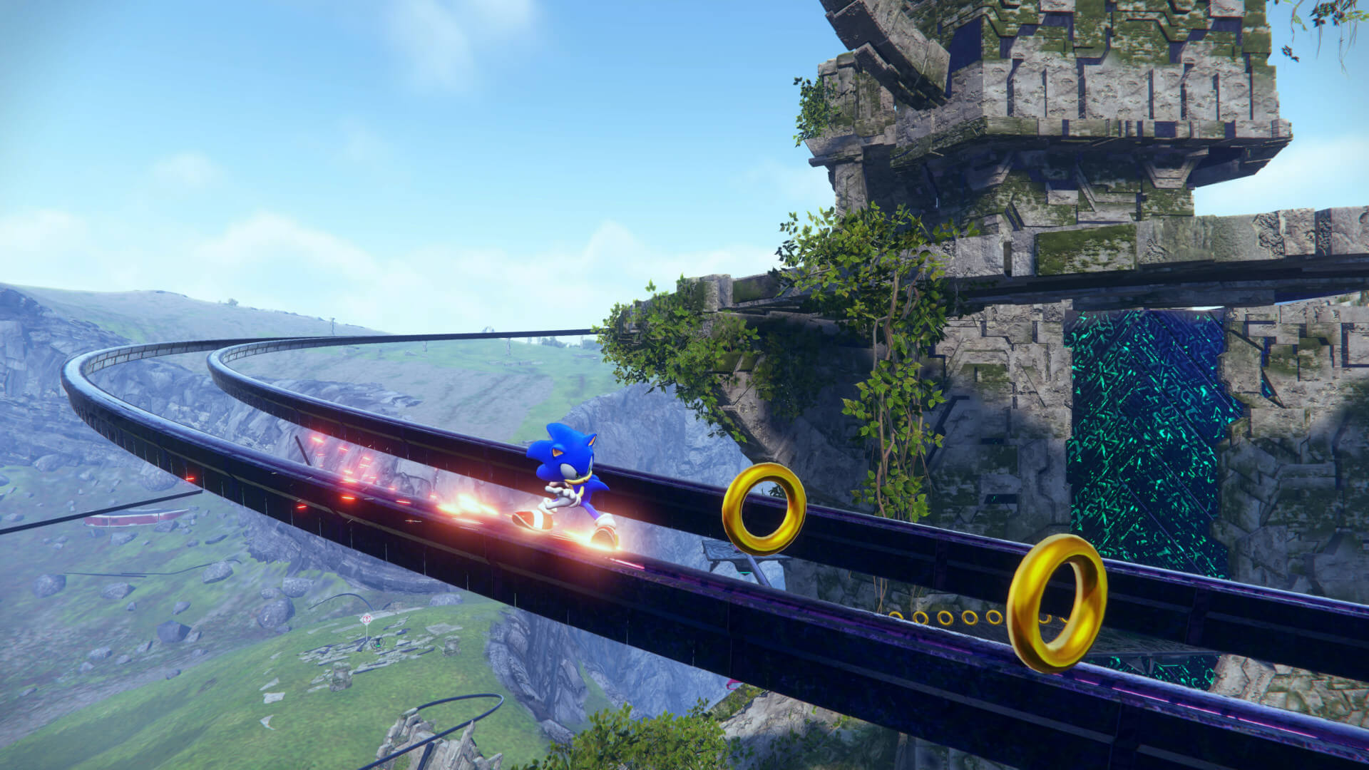Sonic skating along rails in Sonic Frontiers
