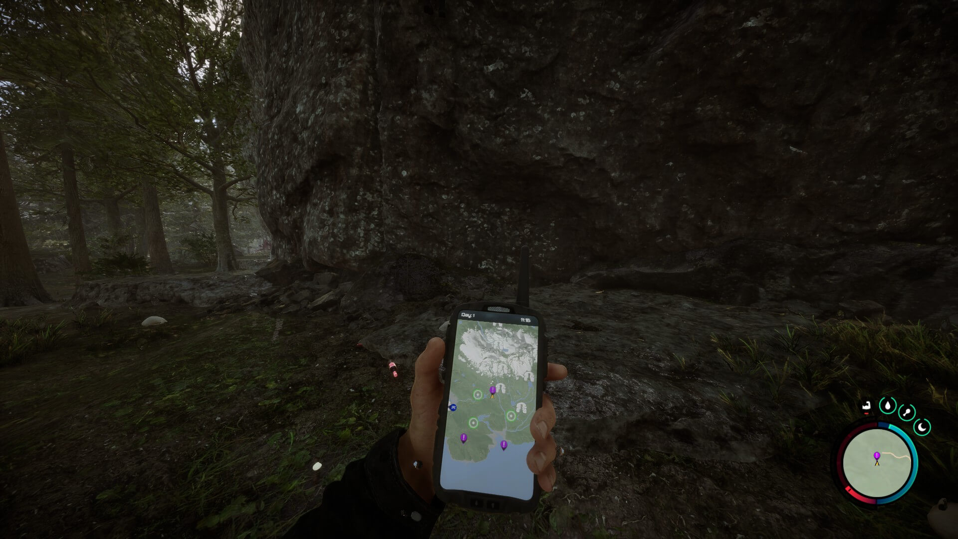 Character holding GPS near a cliff, showing the location of the Sons of the Forest flashlight.