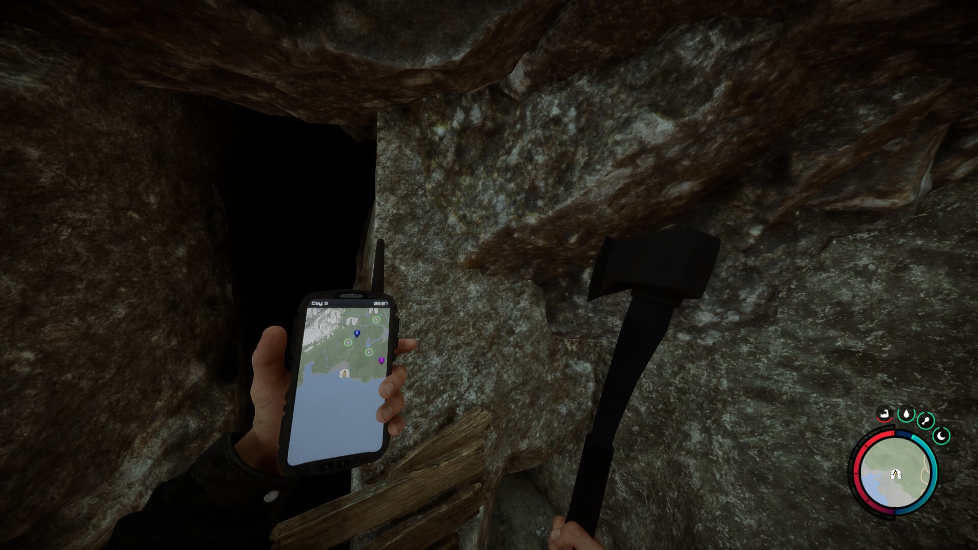 Character holding GPS showing the location to the Sons of the Forest Rebreather cave.