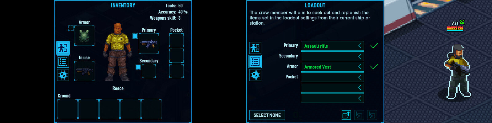 The new crew inventory and loadout system menus in Space Haven