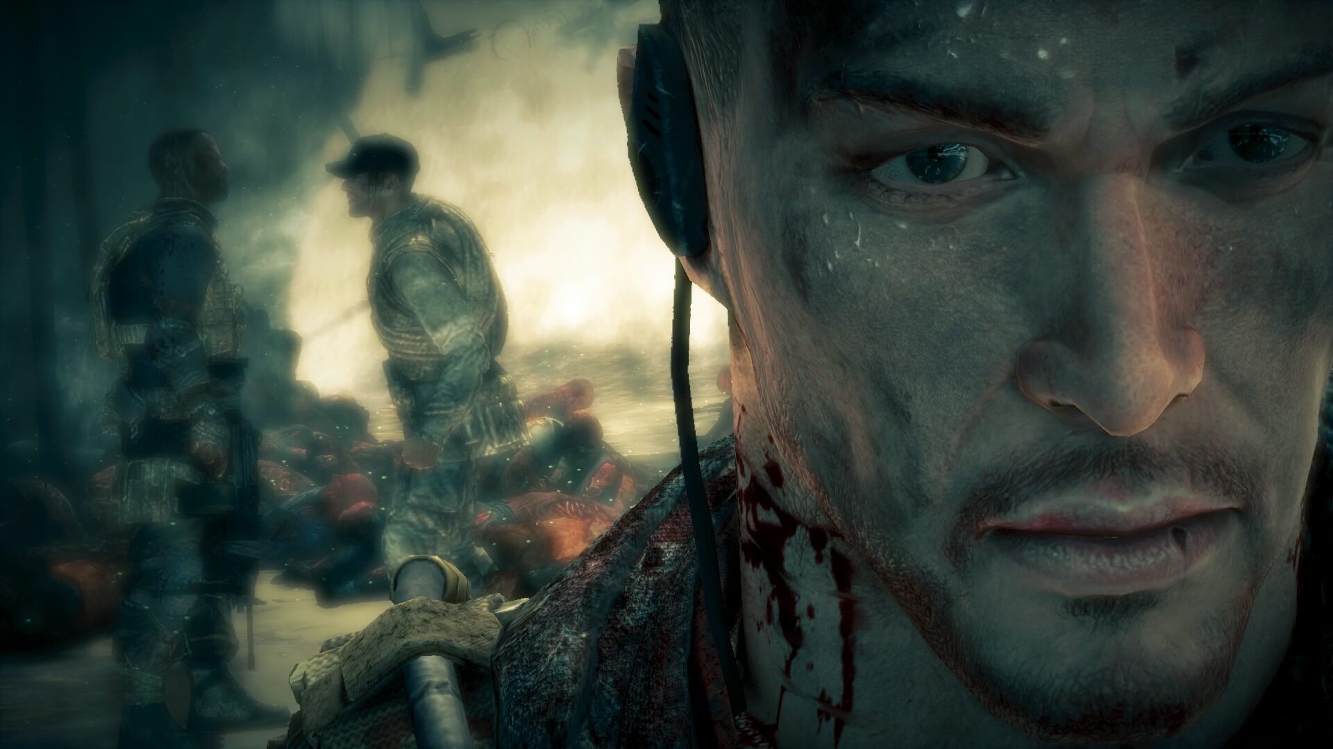 A cutscene of Spec Ops: The Line, showing Captain Walker staring while Lieutenant Adams and Staff Sgt. Lugo argue behind him.