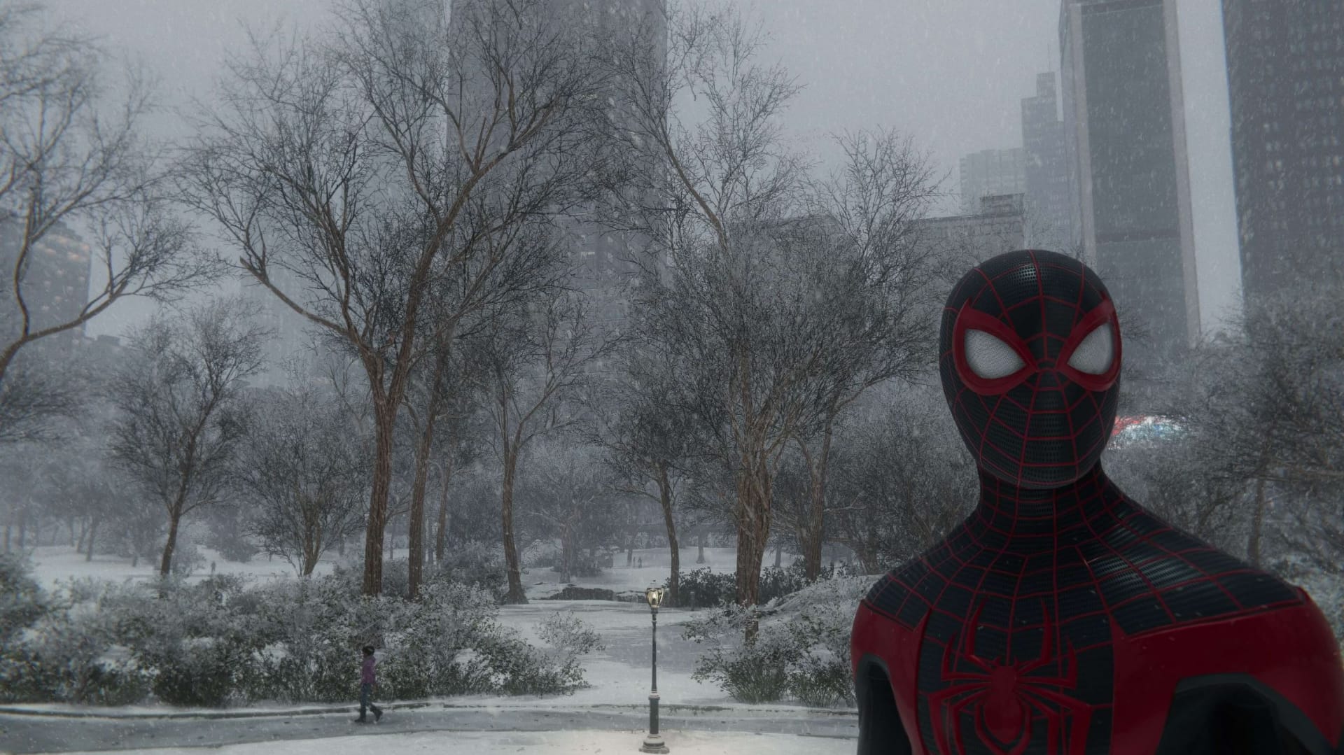 Miles Morales as Spider-Man in snowy Central Park