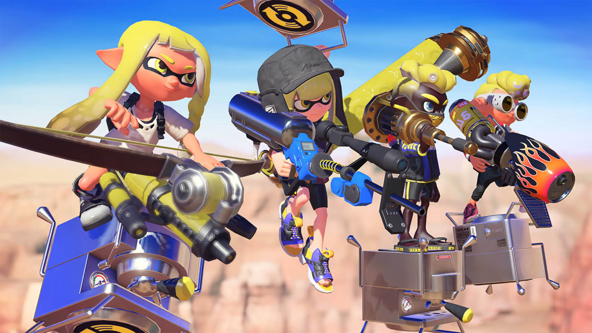 Four Inklings getting ready to fight in Splatoon 3, one of the games that will be at Nintendo Live 2023