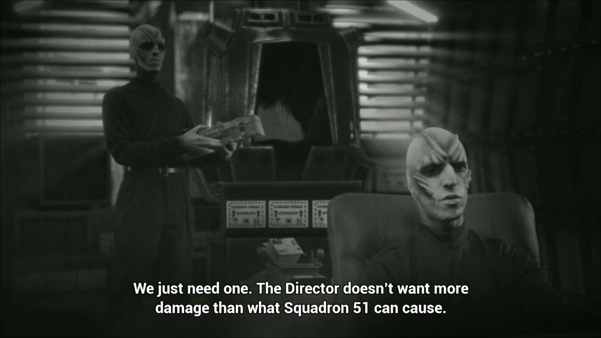 Two aliens having a conversation in Squad 51 vs. the Flying Saucers
