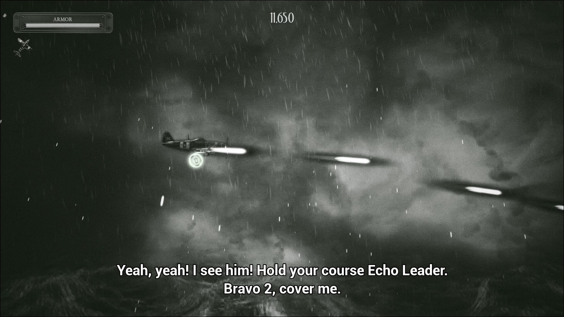 A plane flying through a storm and shooting in Squad 51 vs. the Flying Saucers