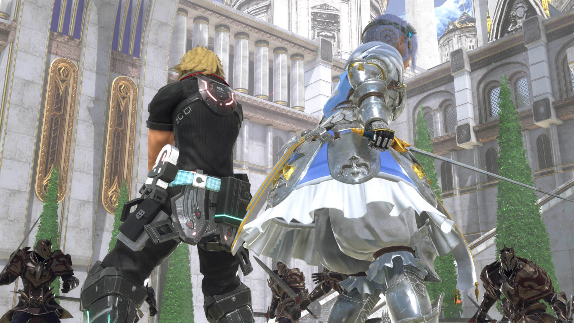 Two characters standing back to back and facing off against guards who are surrounding them in Tri-Ace game Star Ocean: The Divine Force